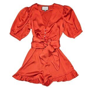 Alexis V-Neck Orange Frill Cuff Romper Wrap Around TIe Waist Puff Sleeve Size S